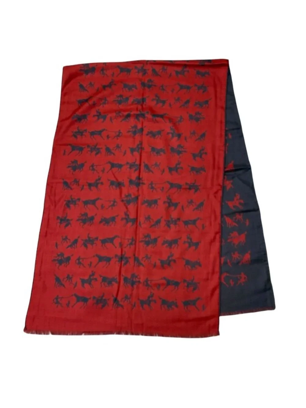Hermes Reversible Shawl Scarf Horse Pattern Silk Cashmere Red Black Fine Daily